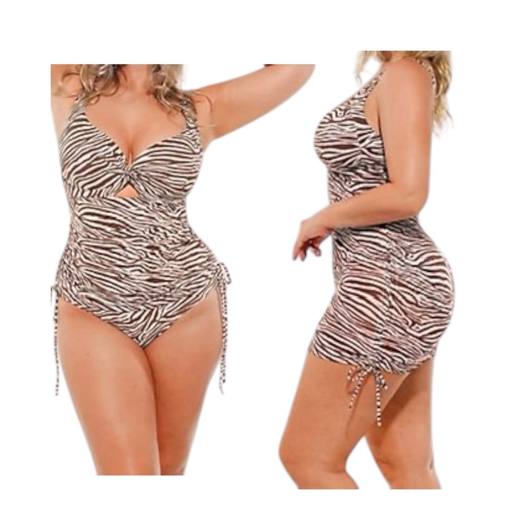 Shapellx All-In-One Mesh Wrap Shaping Swimsuit Women Large Brown Zebra Print